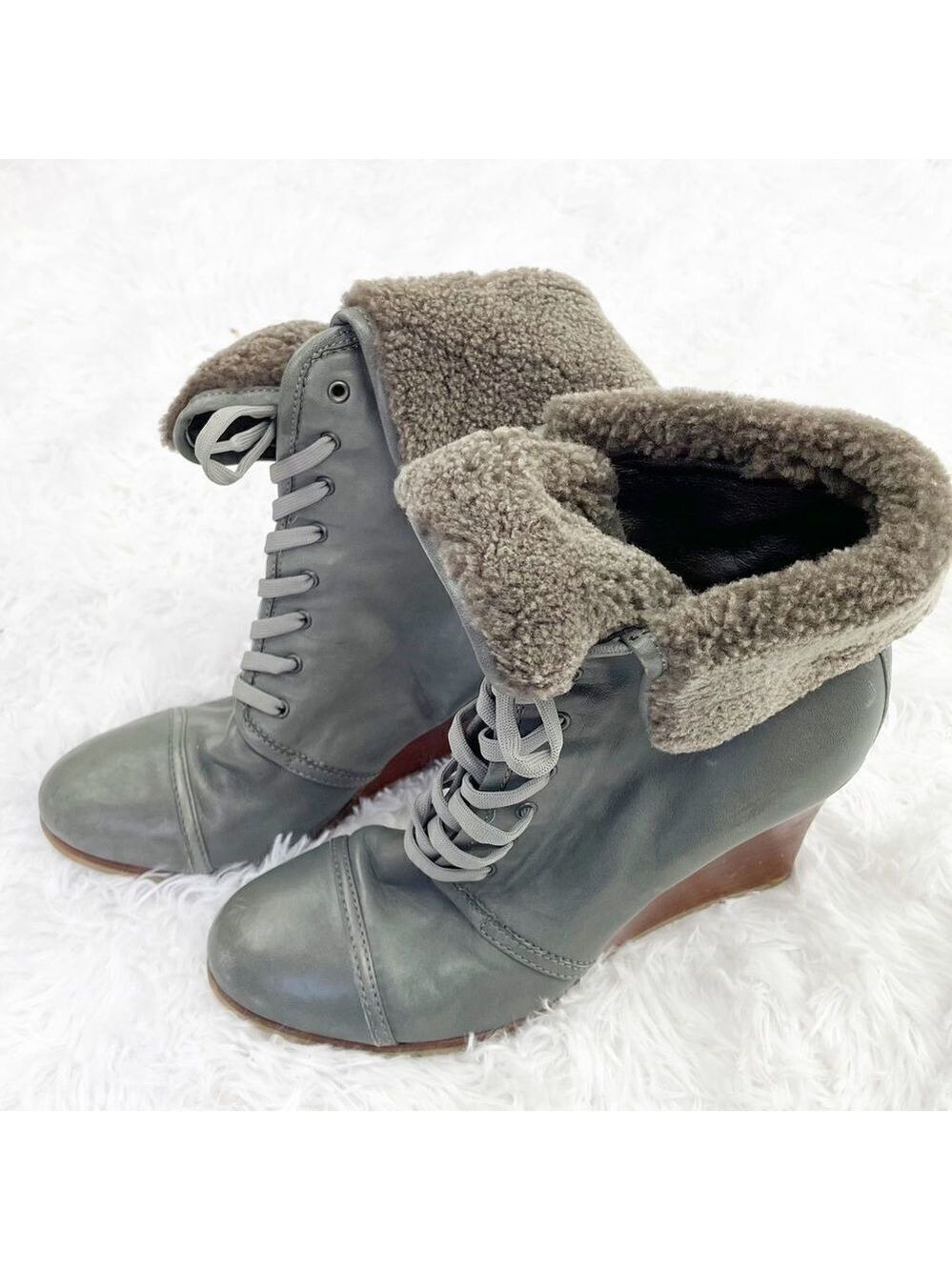 Barbara Bui Shearling Foldover Lace Up Leather Wedge Booties